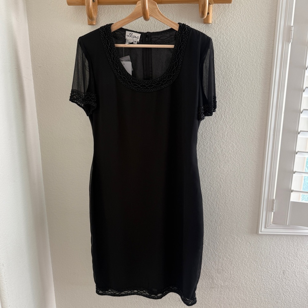 NWT JKARA vintage 90s Black midi short mesh sleeve dress beaded details Size M